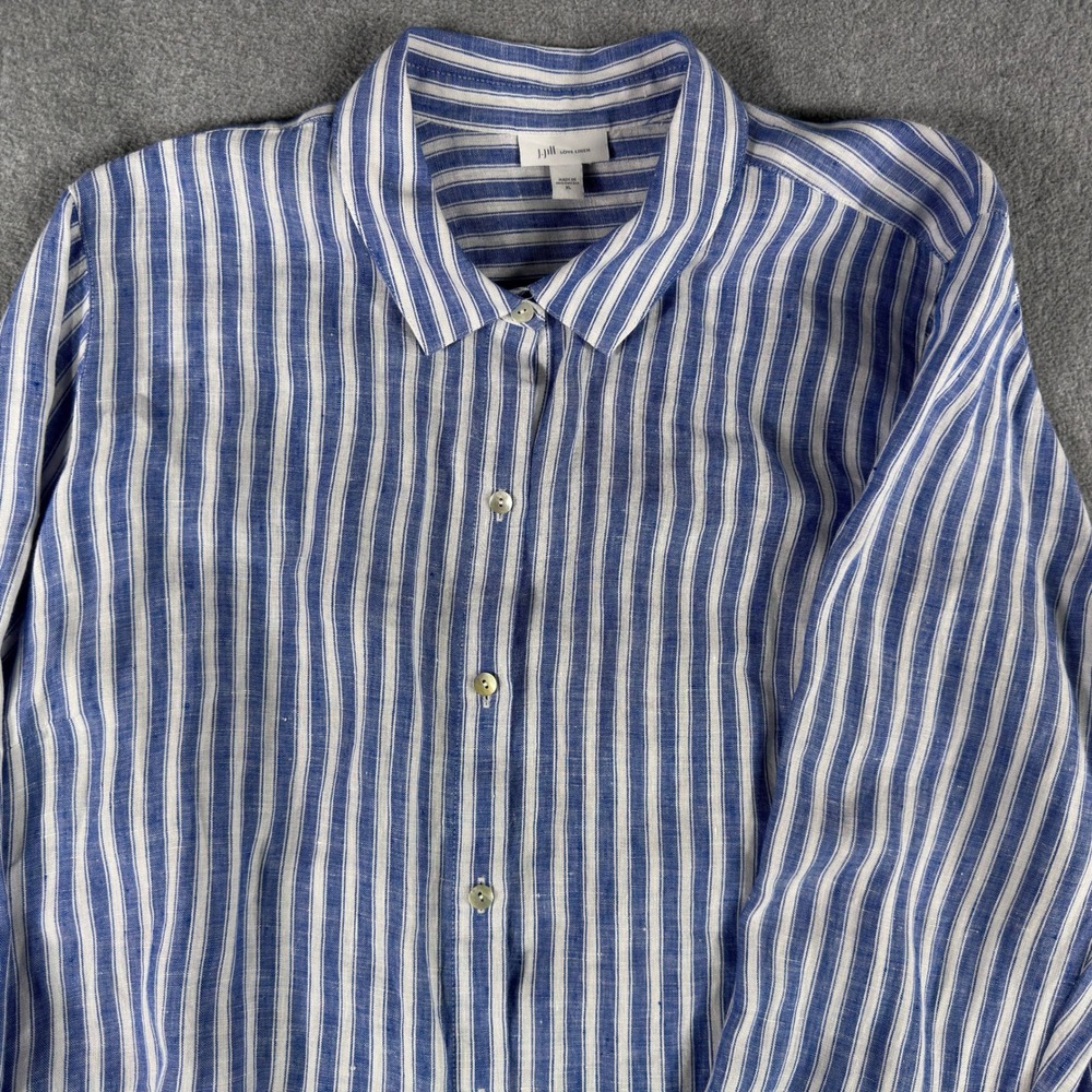 J. Jill Love Linen Button Shirt XL Blue Stripe Long Sleeve Roll Tab